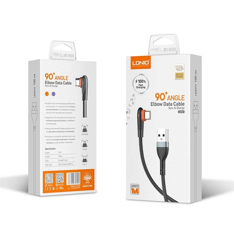 کابل شارژر 90 درجه USB-C به طول 1متر 2.4 آمپر مدل LDNIO LS561