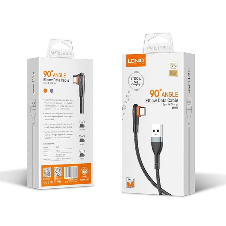 کابل شارژر 90 درجه USB-C به طول 1متر 2.4 آمپر مدل LDNIO LS561