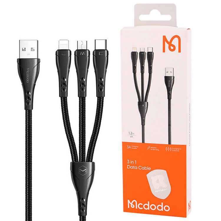 کابل سه سر فست شارژ 3 آمپر مک دودو طول 1.2 متر فست شارژ