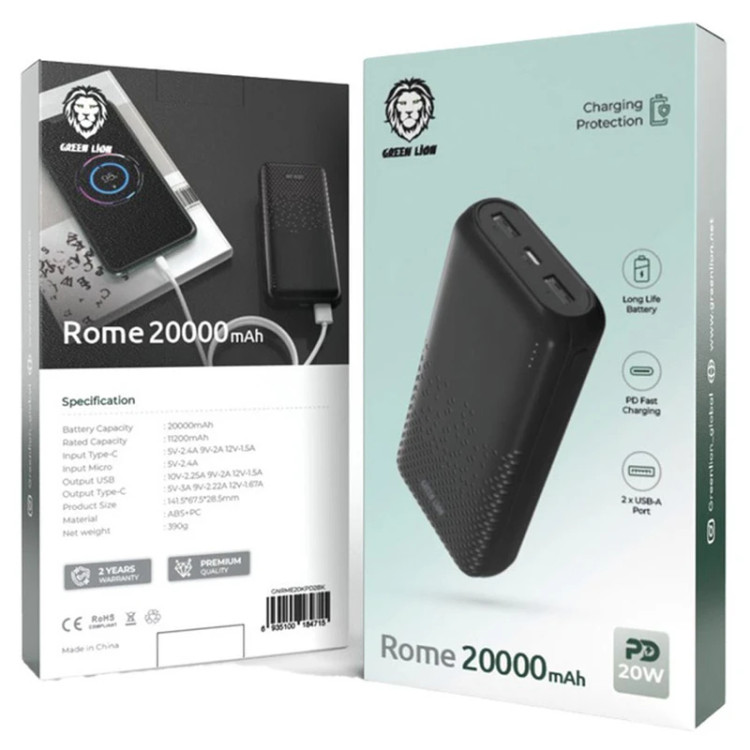 پاوربانک گرین لاین مدل Rome ظرفیت 20000 میلیآمپر ساعت 2پورت پک اصلی با کیفیت عالی
