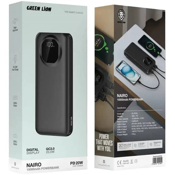 پاوربانک 10000 میلی آمپر گرین لاین مدل GNNAR10PBPD - Nairoدارای2پورت پک اصلی با کیفیت عالی