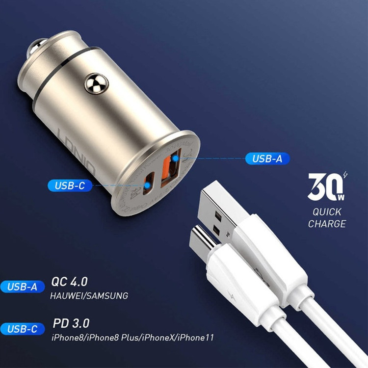 شارژر فندکی 30 وات الدینیو مدل C506Q به همراه کابل تبدیل USB-Cبا تضمین کیفیت و اصلی بودن