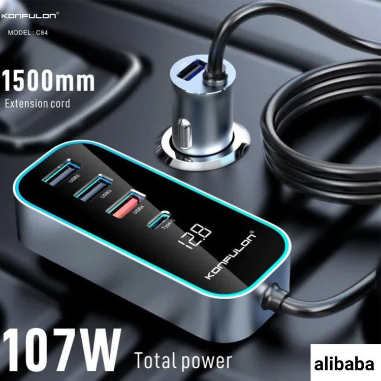 شارژر فندکی کانفلون c84دارای4پورت وفست شارژ با کیفیت عالی
